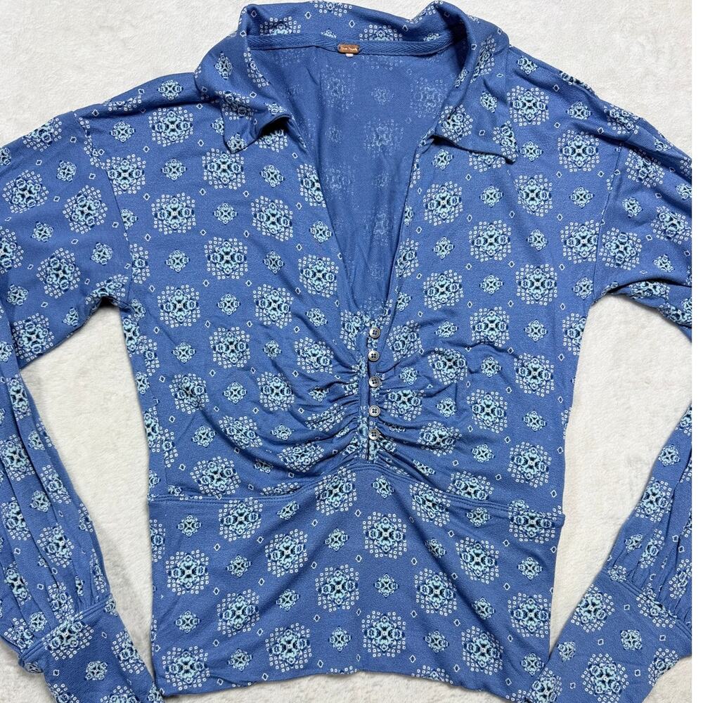 Free People Ruched Front Floral Top Blue Long Sleeve Whimsigoth Indie Women Sz S